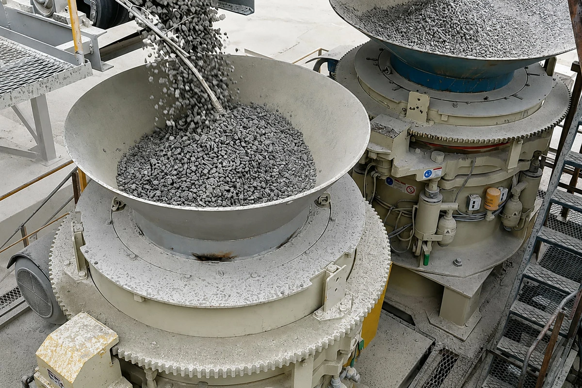Cone crusher reducing cement raw material before conveying to the raw mill
