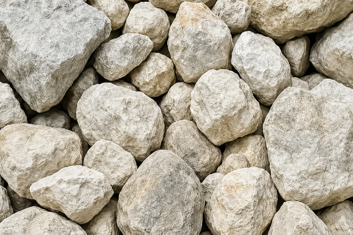 Oversized limestone blocks awaiting primary crushing at a cement raw material site