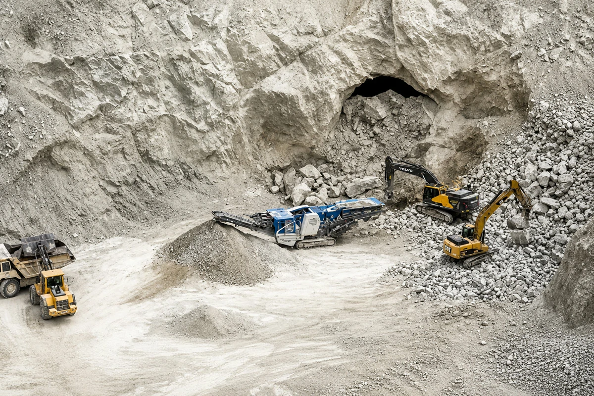 Mobile cone crusher processing limestone at a cement quarry