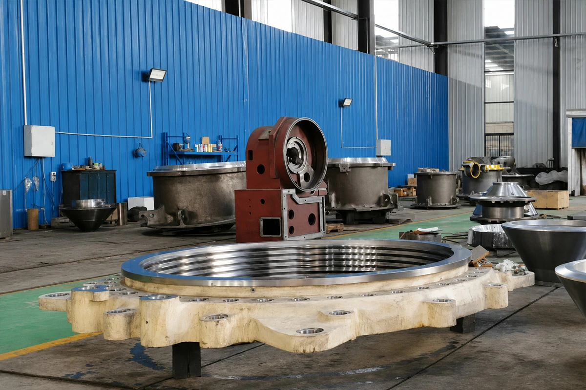 Finished CNC machined crusher component with inspected fitting surfaces