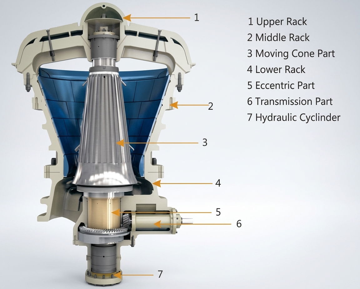 Gyratory crusher sectional diagram showcasing internal components